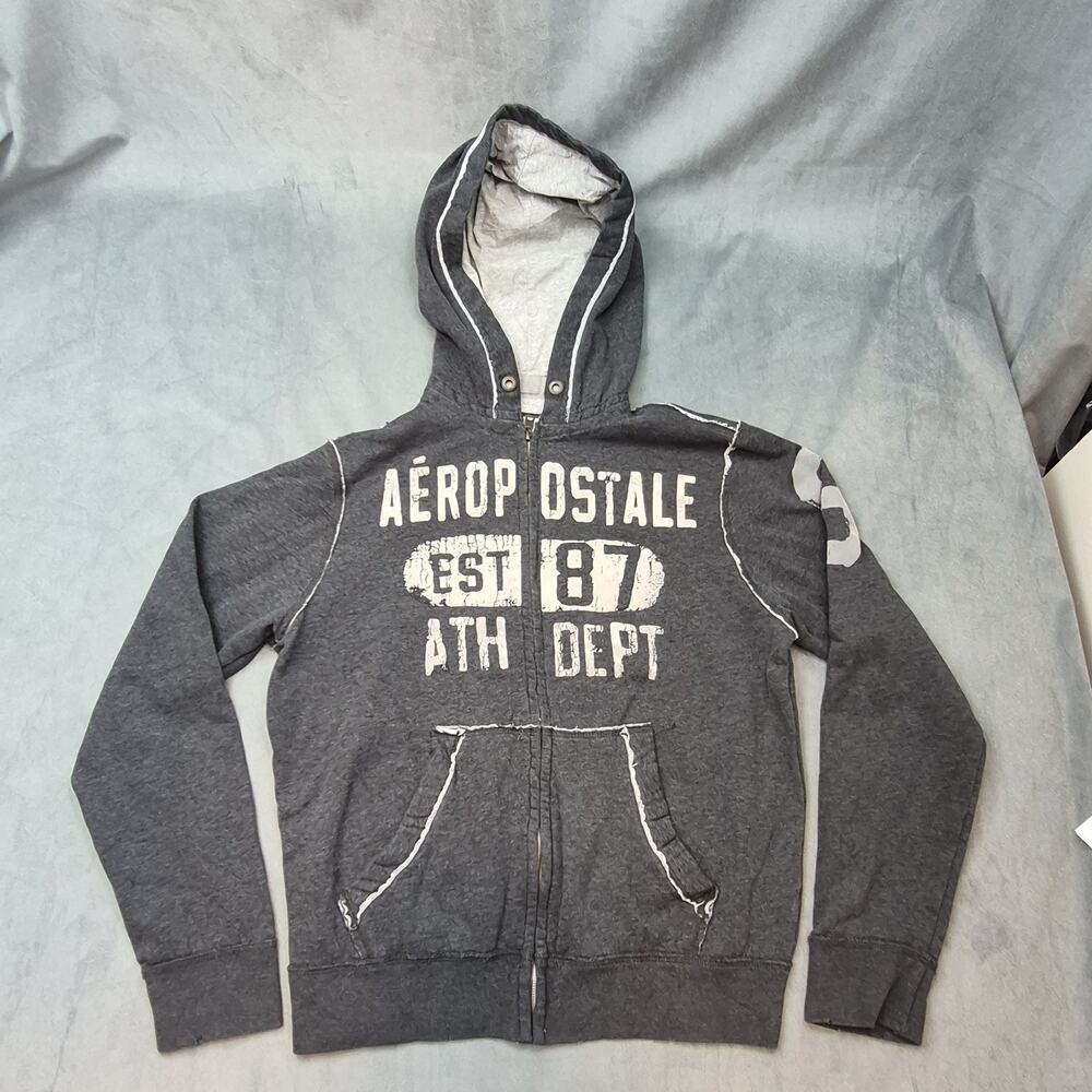 Vintage 2000s Y2K Aeropostale 87 Spellout Puff Print Full Zip Gray Hoodie Mens L